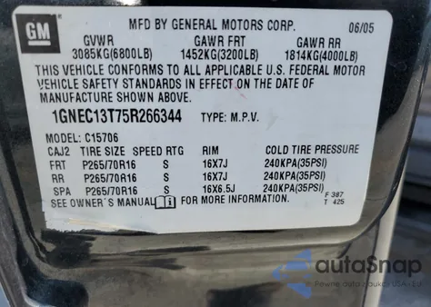2005 Chevrolet Tahoe C1500 z USA, uszkodzony, nr VIN 1GNEC13T75R266344
